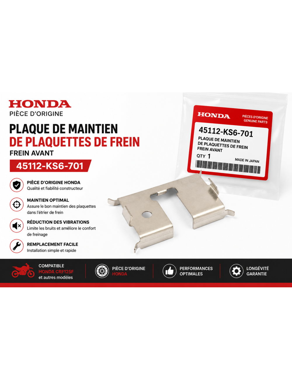 Plaque de maintien de plaquettes de frein Honda